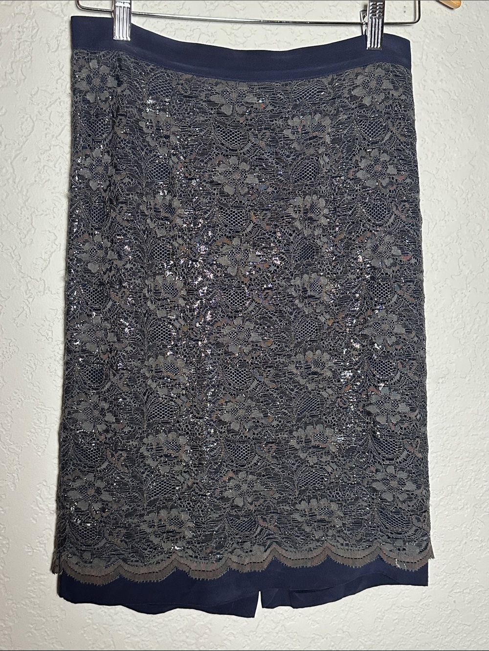 Boden Navy Blue Grey Lace Overlay Pencil Skirt Romantic Feminine US 4R Sparkly